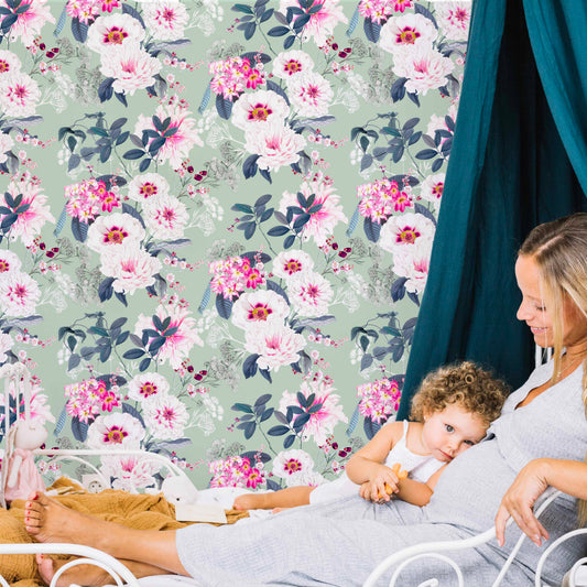 cat-616983200072 Bedroom featuring floral wallpaper with pink and white peonies on a sage green background, a white metal bed frame, and a teal fabric canopy.
