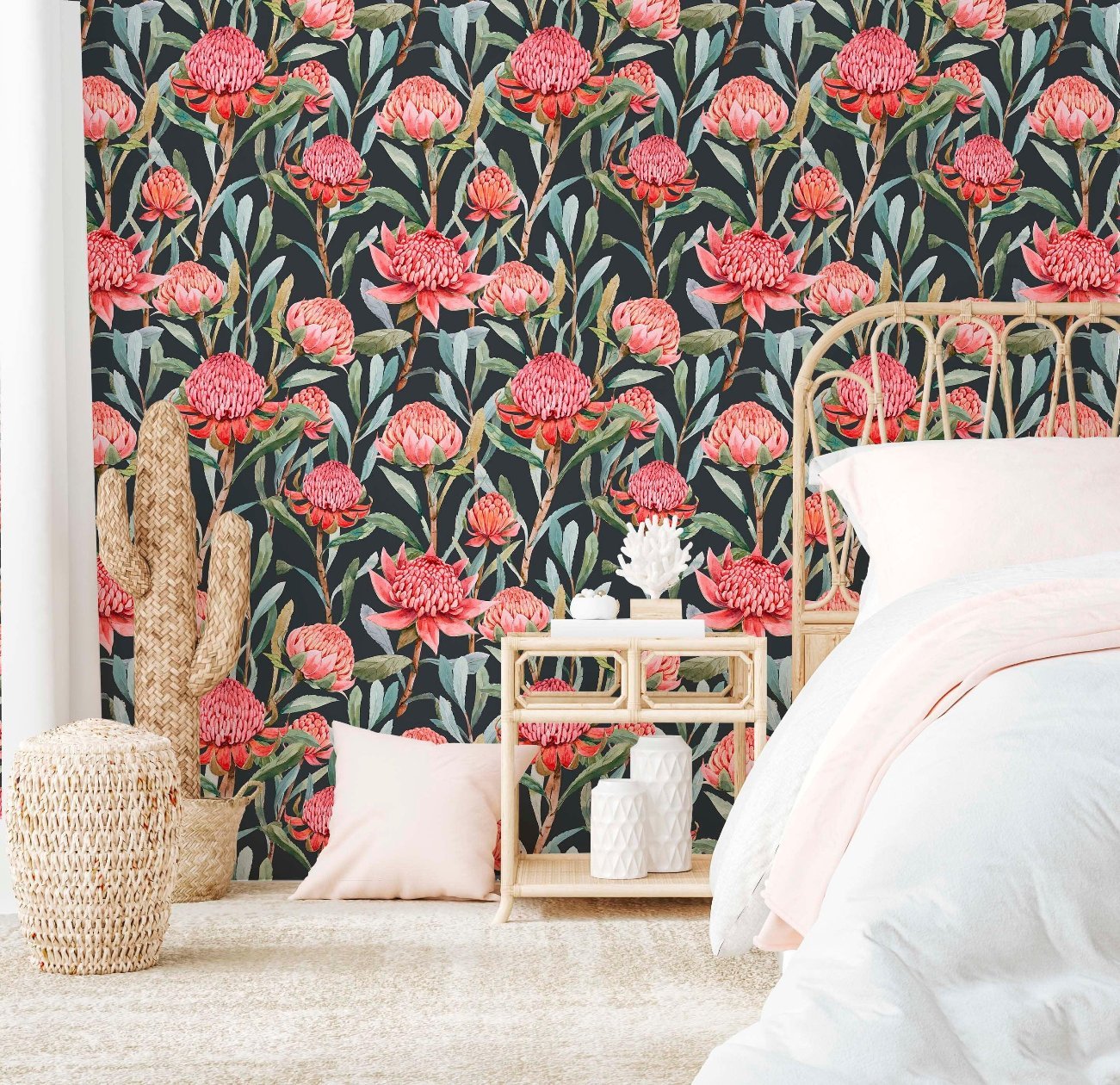 Master bedroom floral wallpaper