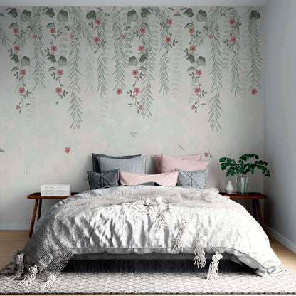 master bedroom with hanging leaves and pink flowers mural