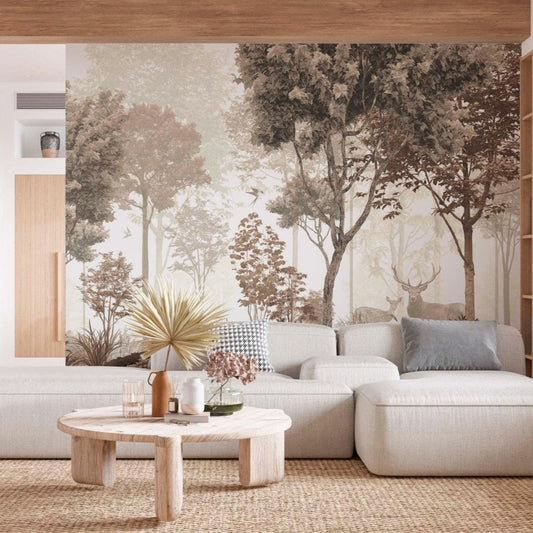 cat-610569683272 A modern, minimalist living room featuring a large, sepia-toned vintage forest mural with deer, a low-profile beige sectional sofa, a round light wood coffee table, and a natural jute rug.