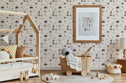 A charming child's room showcasing a wooden bed, an array of wooden toys, and a soft mushroom wallpaper.