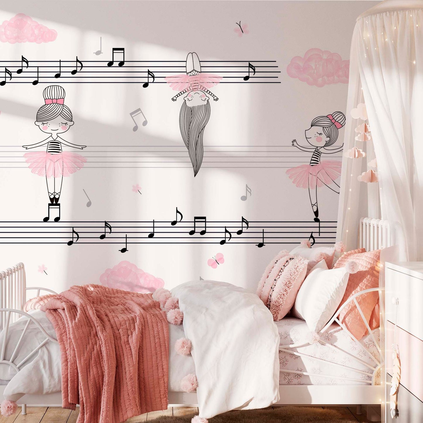 Kids' bedroom featuring a large wall mural with ballerinas and musical notes.