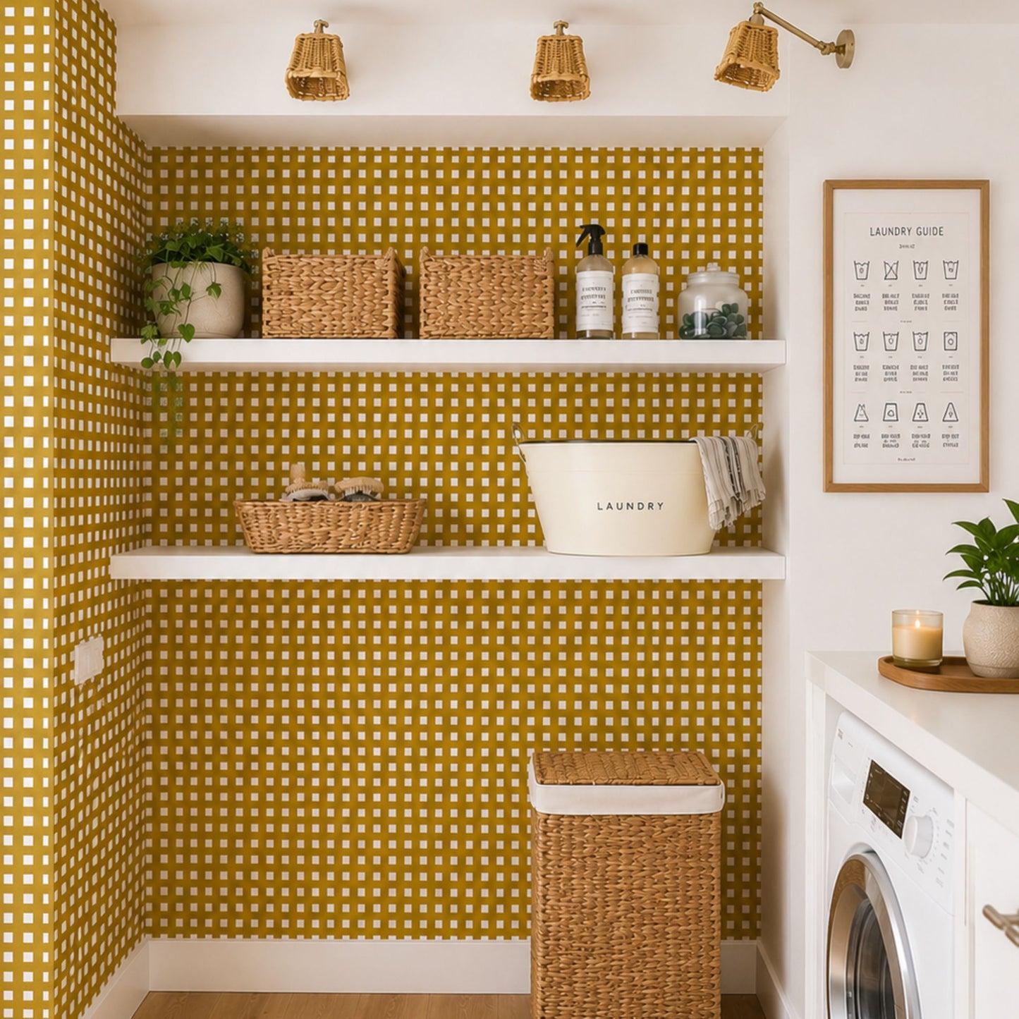 cat-615198490952 Mustard check wallpaper in a bright Scandinavian laundry room with white shelving, woven baskets and light wood flooring.