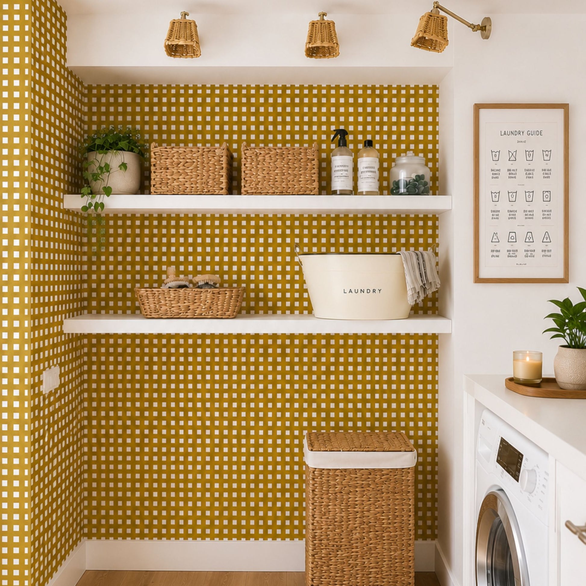 cat-615198490952 Mustard check wallpaper in a bright Scandinavian laundry room with white shelving, woven baskets and light wood flooring.