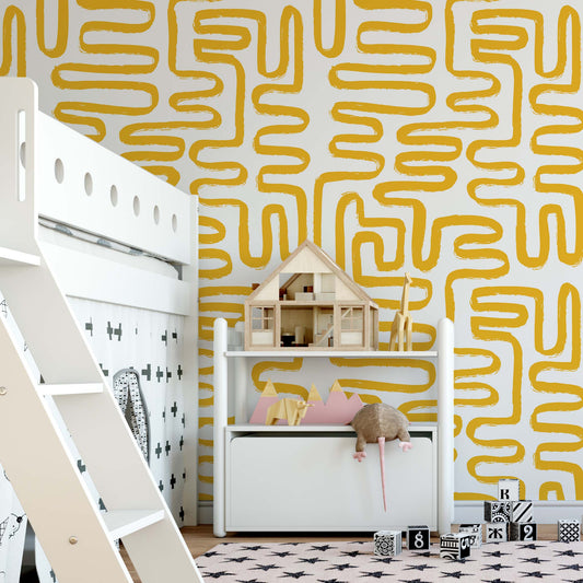 cat-615198294344  Vibrant mustard yellow maze pattern wallpaper with organic brushstroke lines in a modern kids' bedroom featuring a white bunk bed and play area.