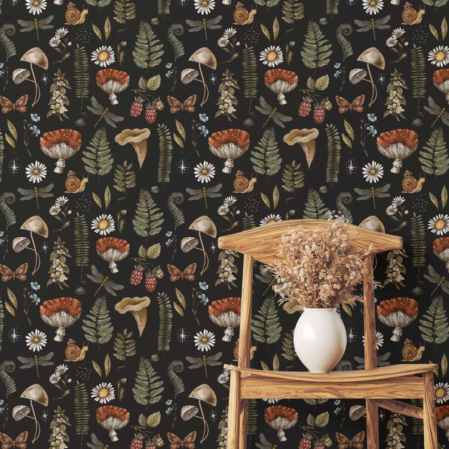 mystical woodland moody wallpaper and a wooden chair