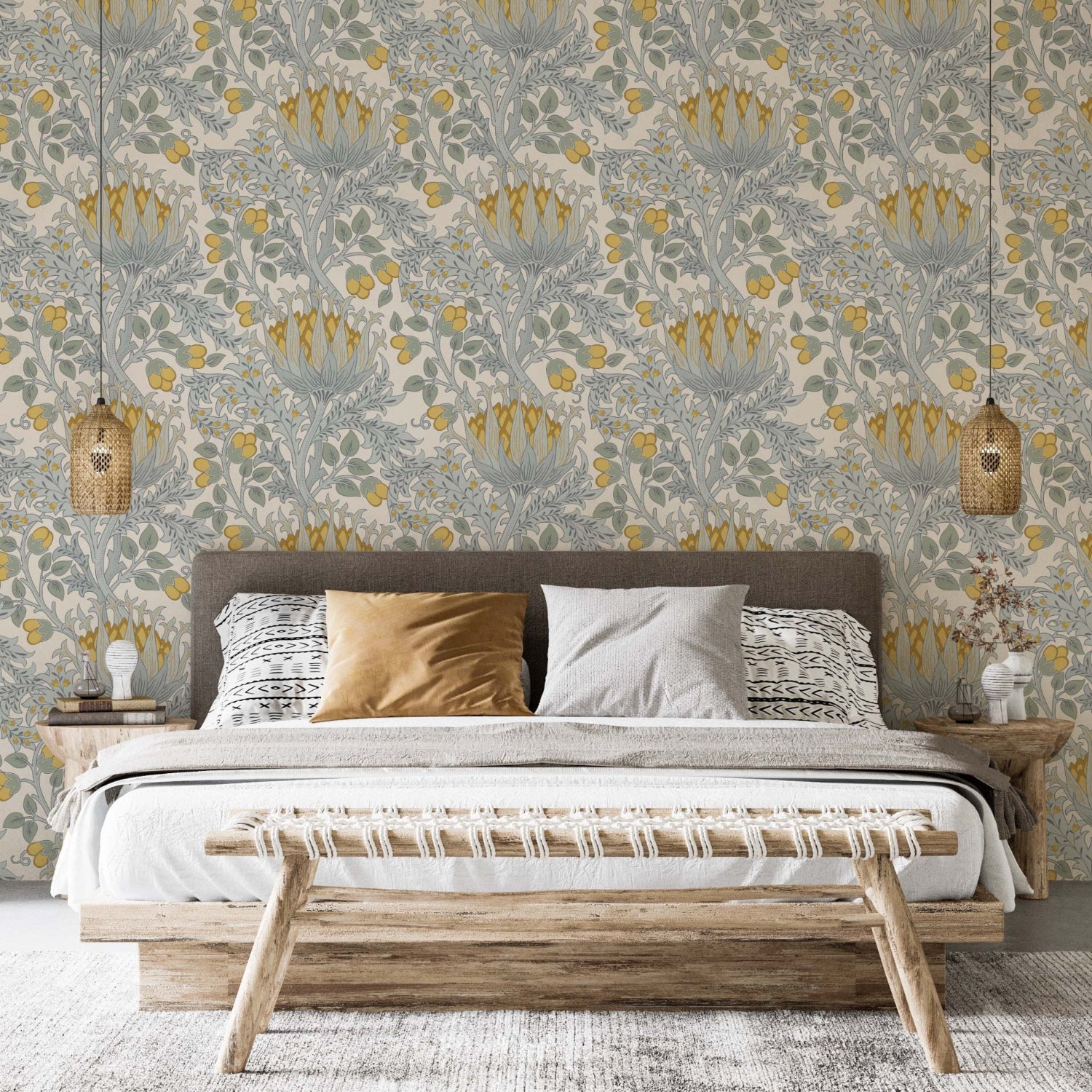 Master bedroom featurung a william morris style wallpaper