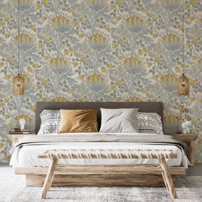 Master bedroom featurung a william morris style wallpaper