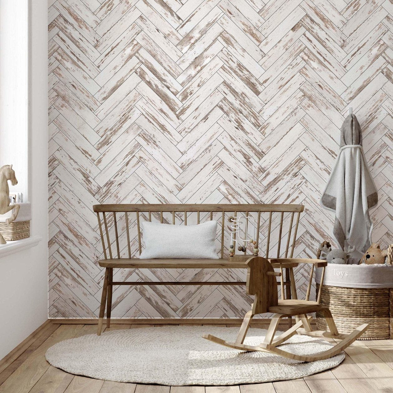 Distressed white faux wood wallpaper with a classic herringbone pattern. Realistic weathered plank texture perfect for rustic, farmhouse, or modern industrial accent walls.