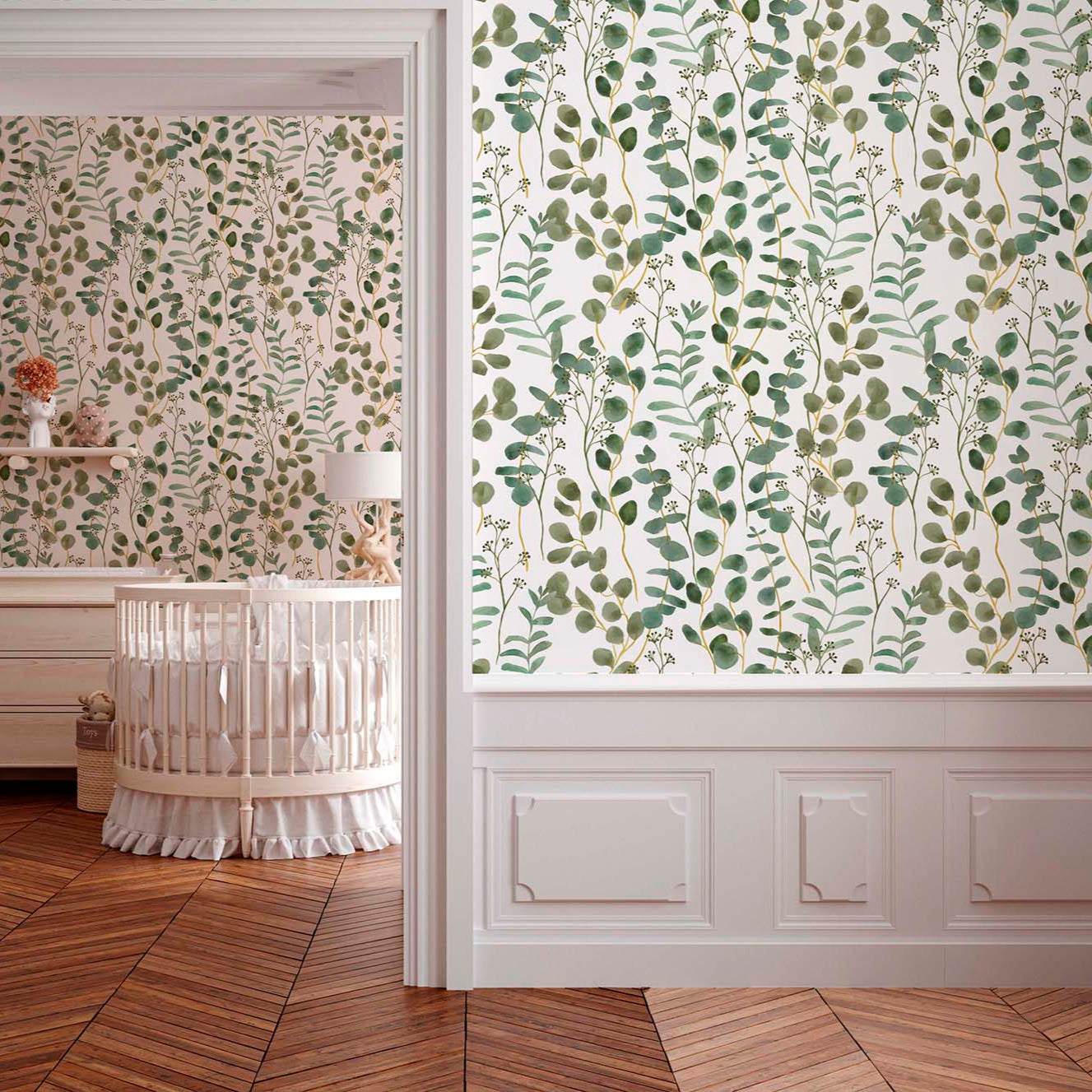 olive_green_eucalyptus_leaves_in_a_nursery_bedroom with a white wainscot and a white crib