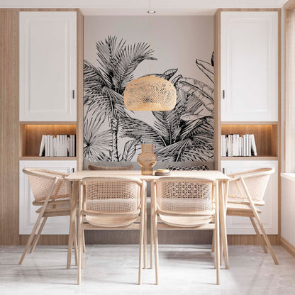 cat-610512830792 Modern dining room with a black and white tropical wallpaper mural for an accent wall