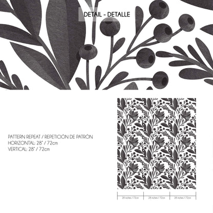 Papel pintado de hojas y bayas en gris acuarela