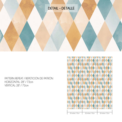 Papel Pintado Rombos Acuarela Ocre y Azul