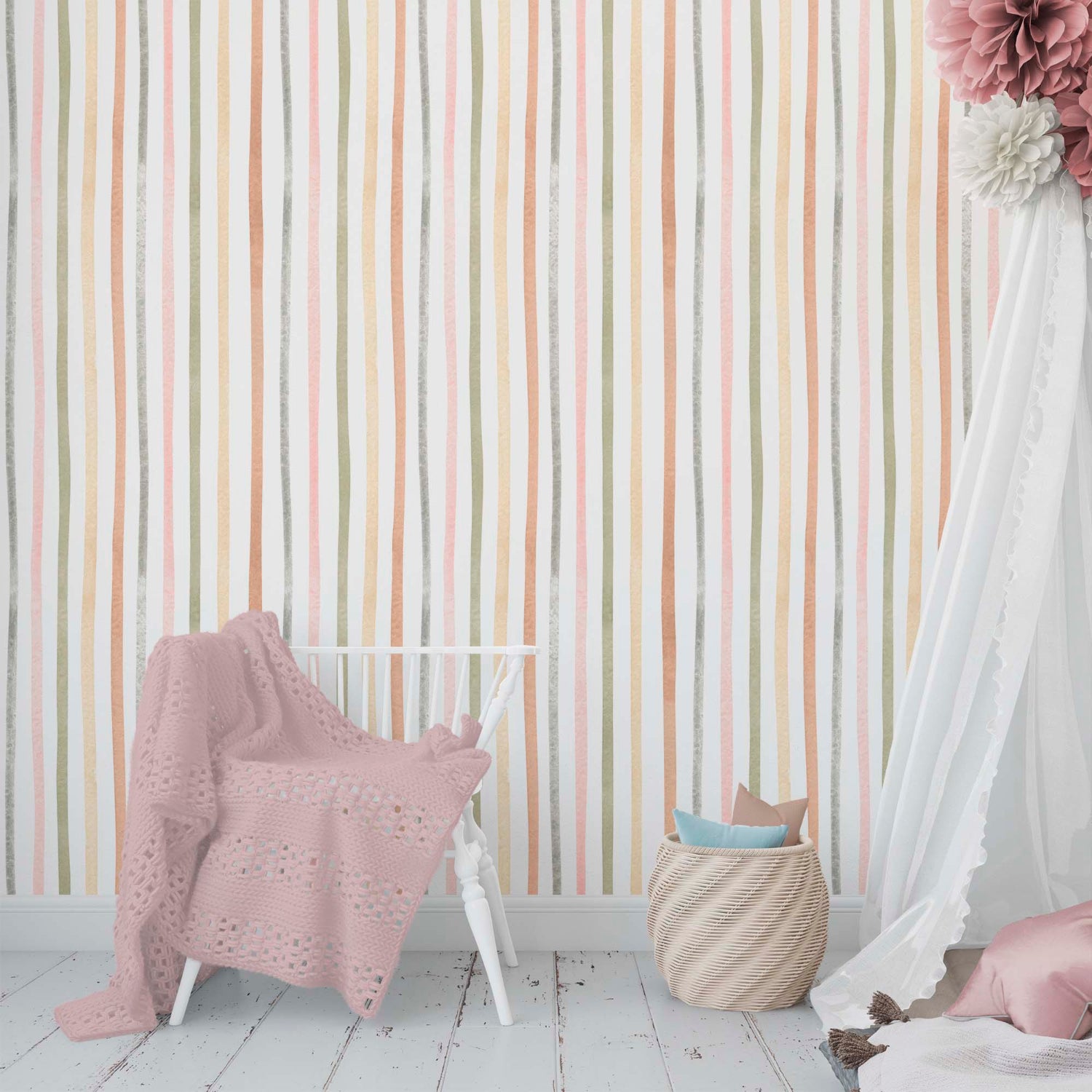 nursery bedroom with multicolored_striped_wallpaper