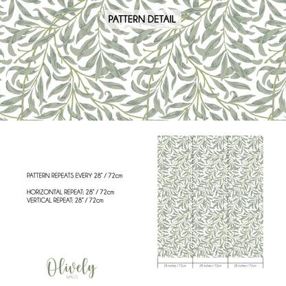 Papel pintado estilo William Morris en verde salvia