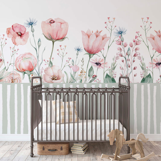pink floral wallpaper mural in a nursery