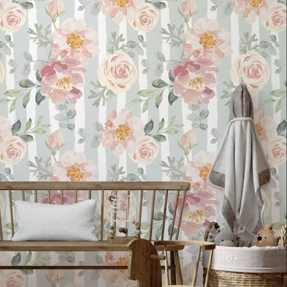 Watercolor pink roses and peonies floral wallpaper on a pastel green and white striped background.
