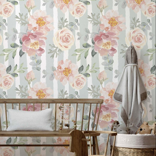 Watercolor pink roses and peonies floral wallpaper on a pastel green and white striped background.
