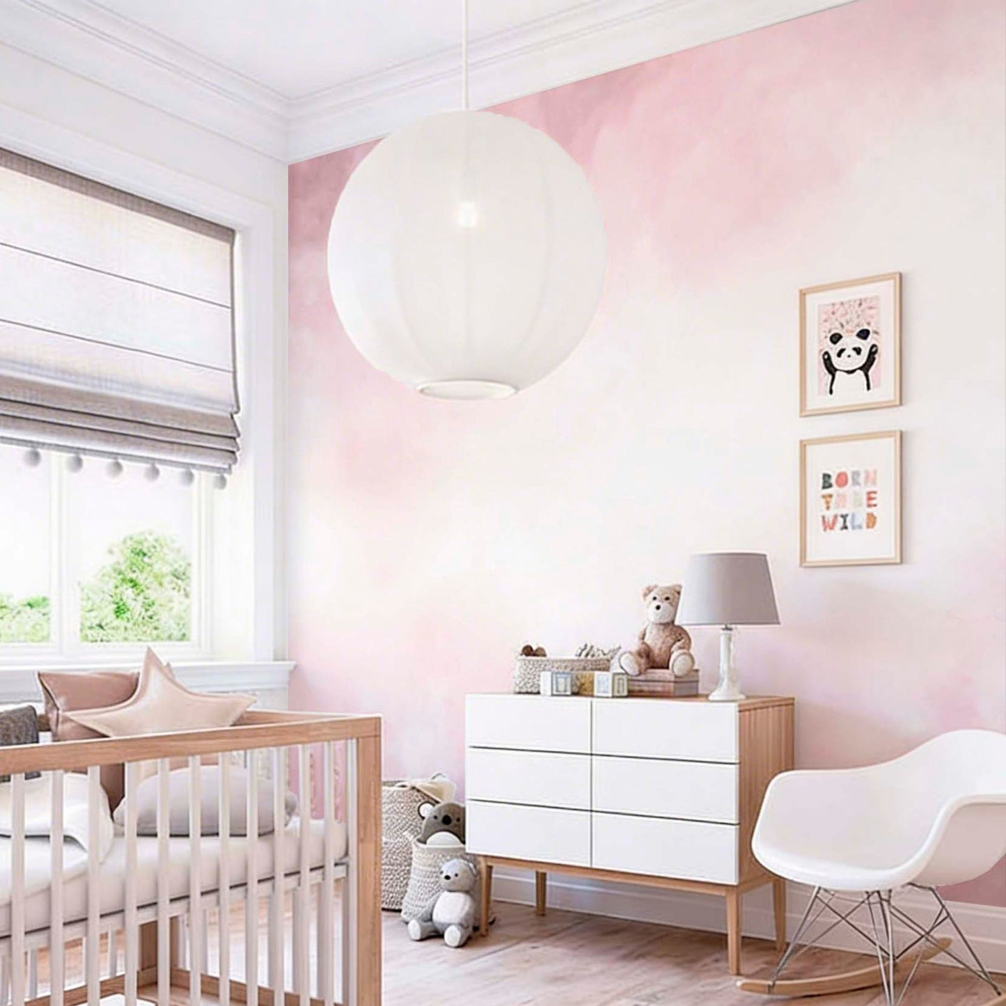 pink sky wallpaper mural in a nursery
