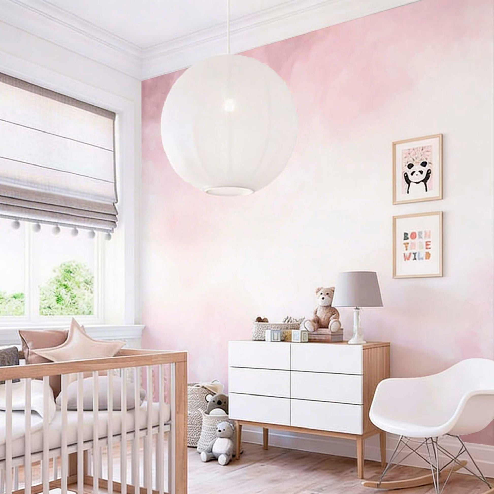 pink sky wallpaper mural in a nursery