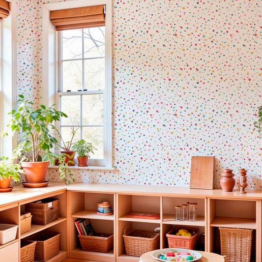 Playful confetti-style wallpaper with vibrant pastel dots above light wood shelving in a sunlit children's nursery.