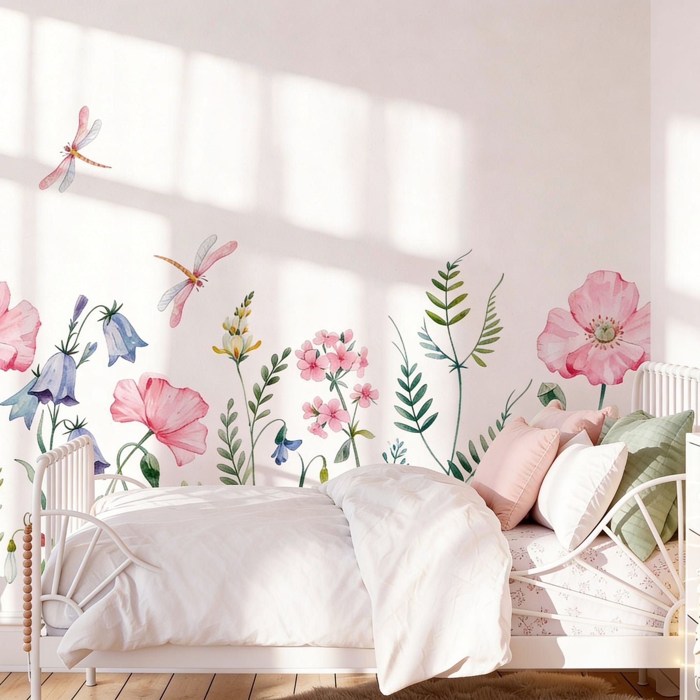 cat-661212758344 Poppy Meadow wallpaper mural in a bright girls' bedroom with pink poppies, bluebells and dragonflies in soft watercolor tones