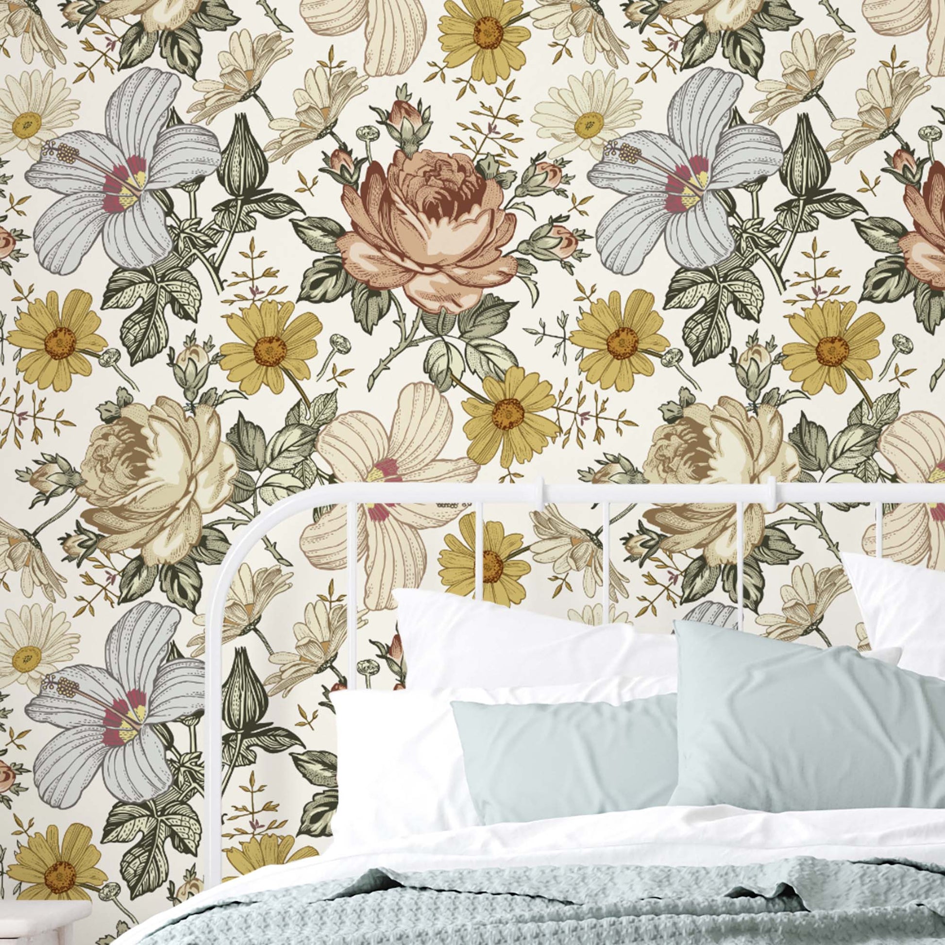 Rose and daisy floral wallpaper installed as accent wall in a bedroom