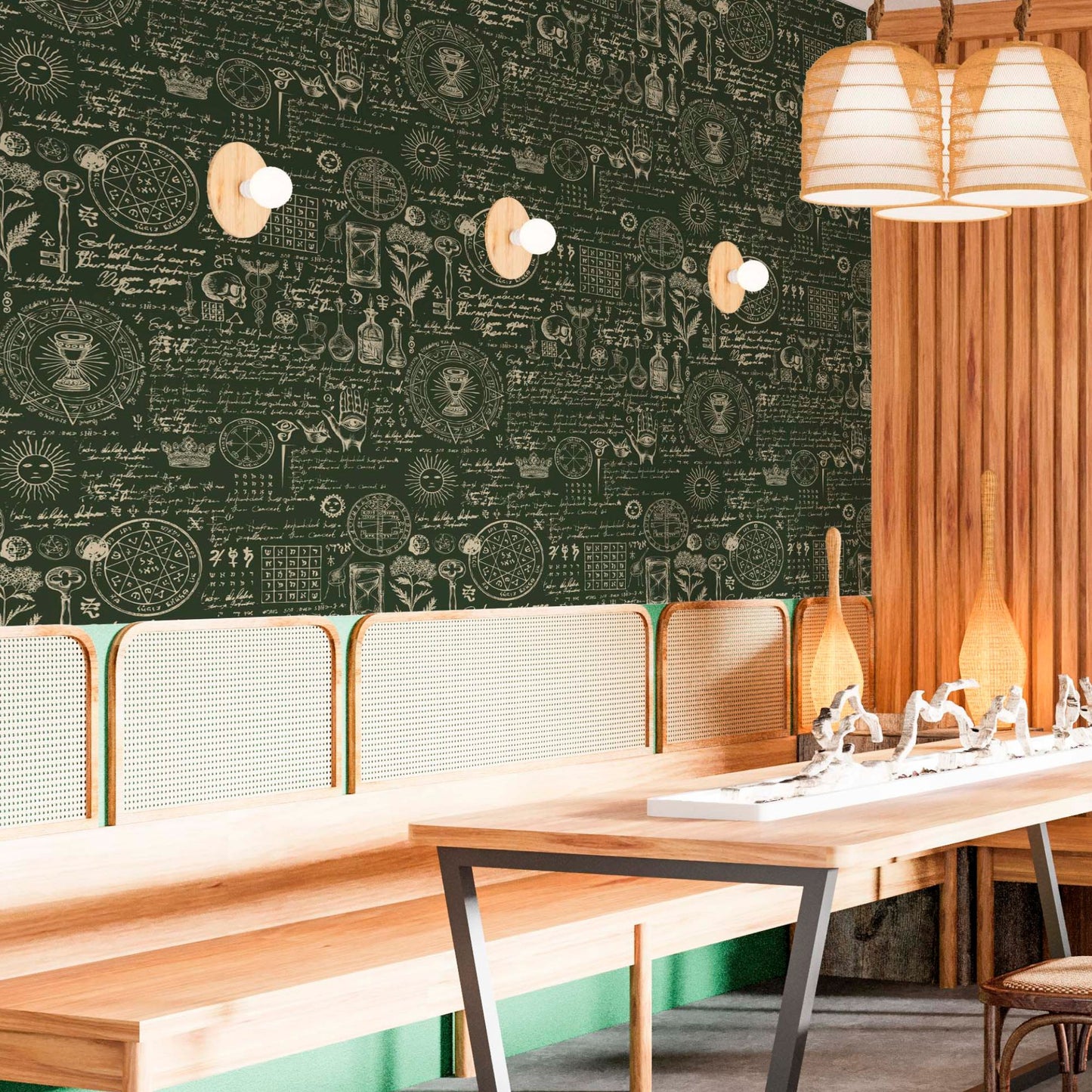 cat-659356549448  Rustic dining area with dark green alchemy-patterned wallpaper, wicker benches, and a light wood table.