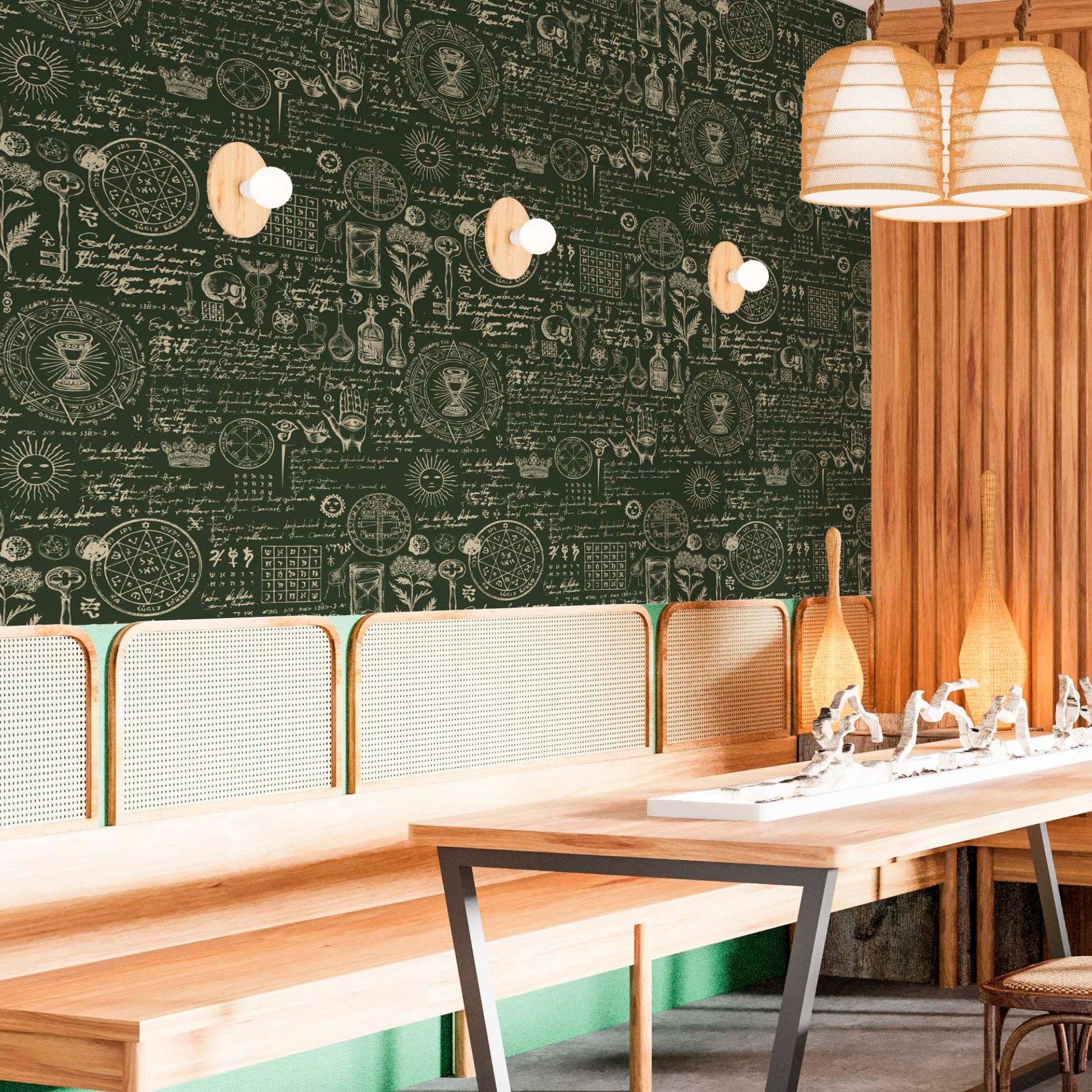cat-659356549448  Rustic dining area with dark green alchemy-patterned wallpaper, wicker benches, and a light wood table.