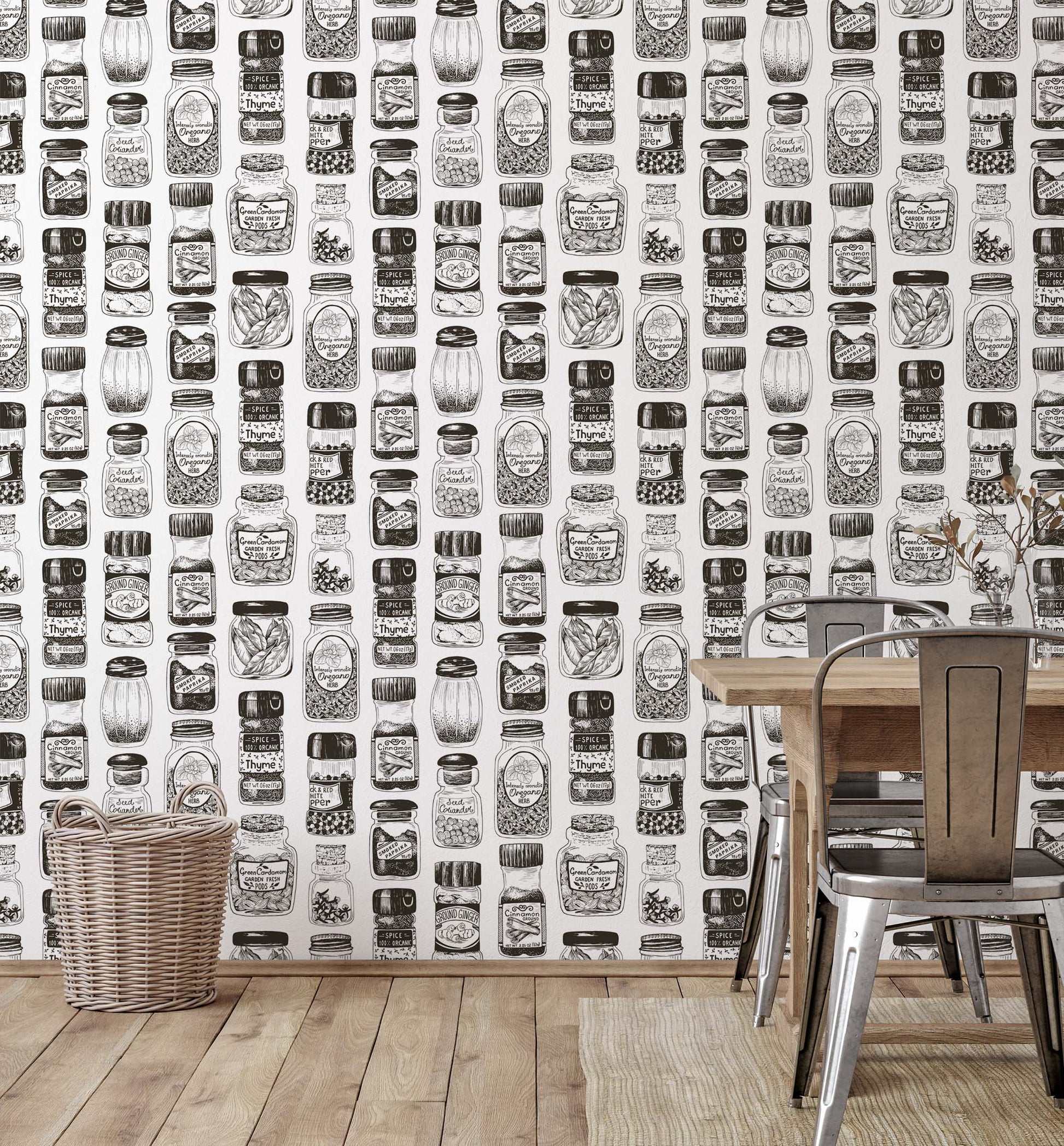 rustic kitchen with black and white spice rack wallpaper. oregano, basil, pepper