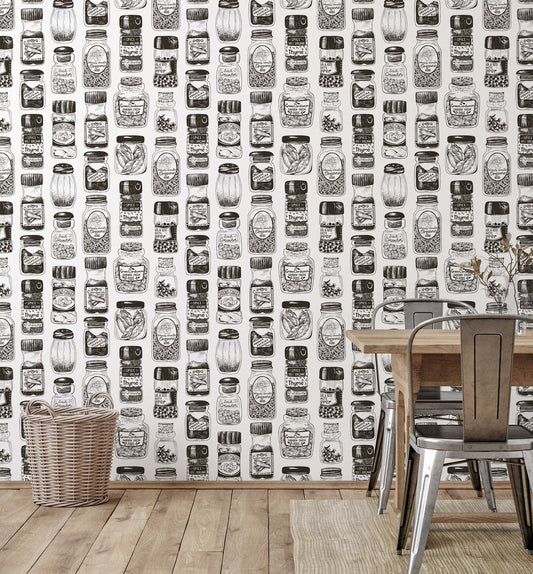 rustic kitchen with black and white spice rack wallpaper. oregano, basil, pepper