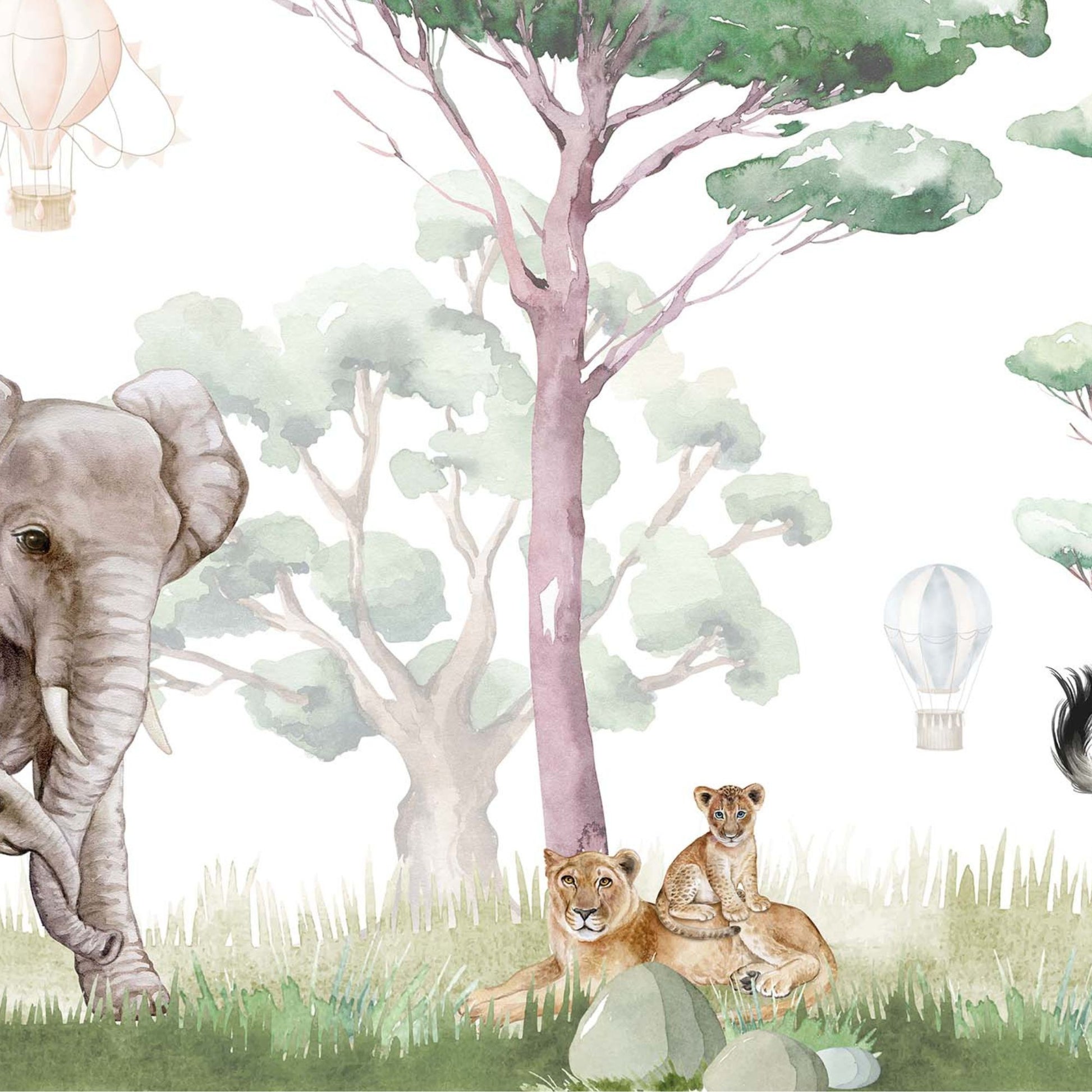 Close-up detail of Safari Animals wallpaper mural showing watercolor elephant, lioness with cub and hot air balloons on white background
