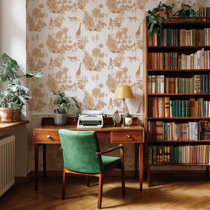 cat-610804433224 Savannah toile wallpaper with giraffes, leopards and tropical trees in a home office.