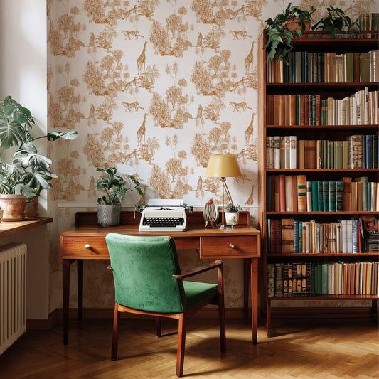 cat-610804433224 Savannah toile wallpaper with giraffes, leopards and tropical trees in a home office.
