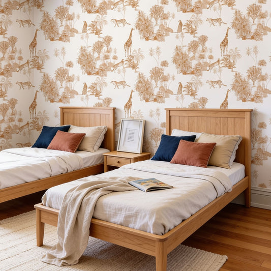 cat-615198294344  Wildlife toile wallpaper featuring giraffes and wildlife motifs in a kids bedroom.