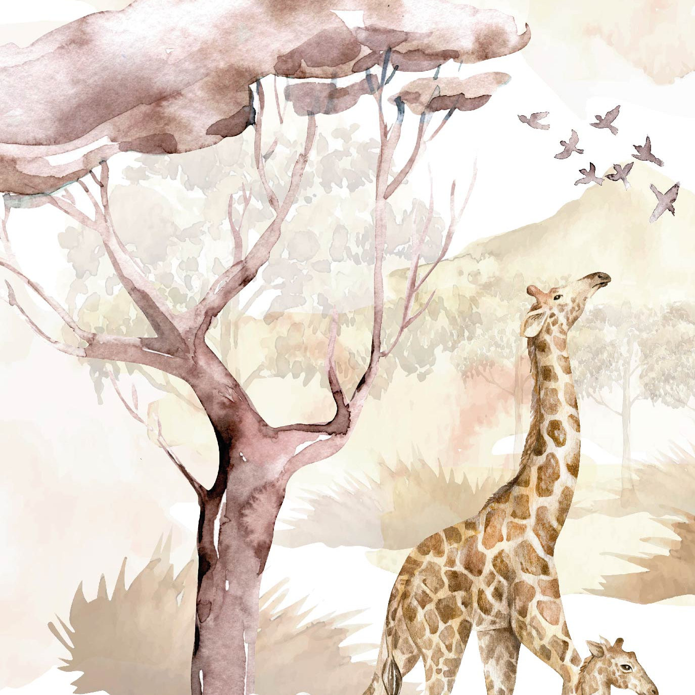 safari watercolor wall mural detail