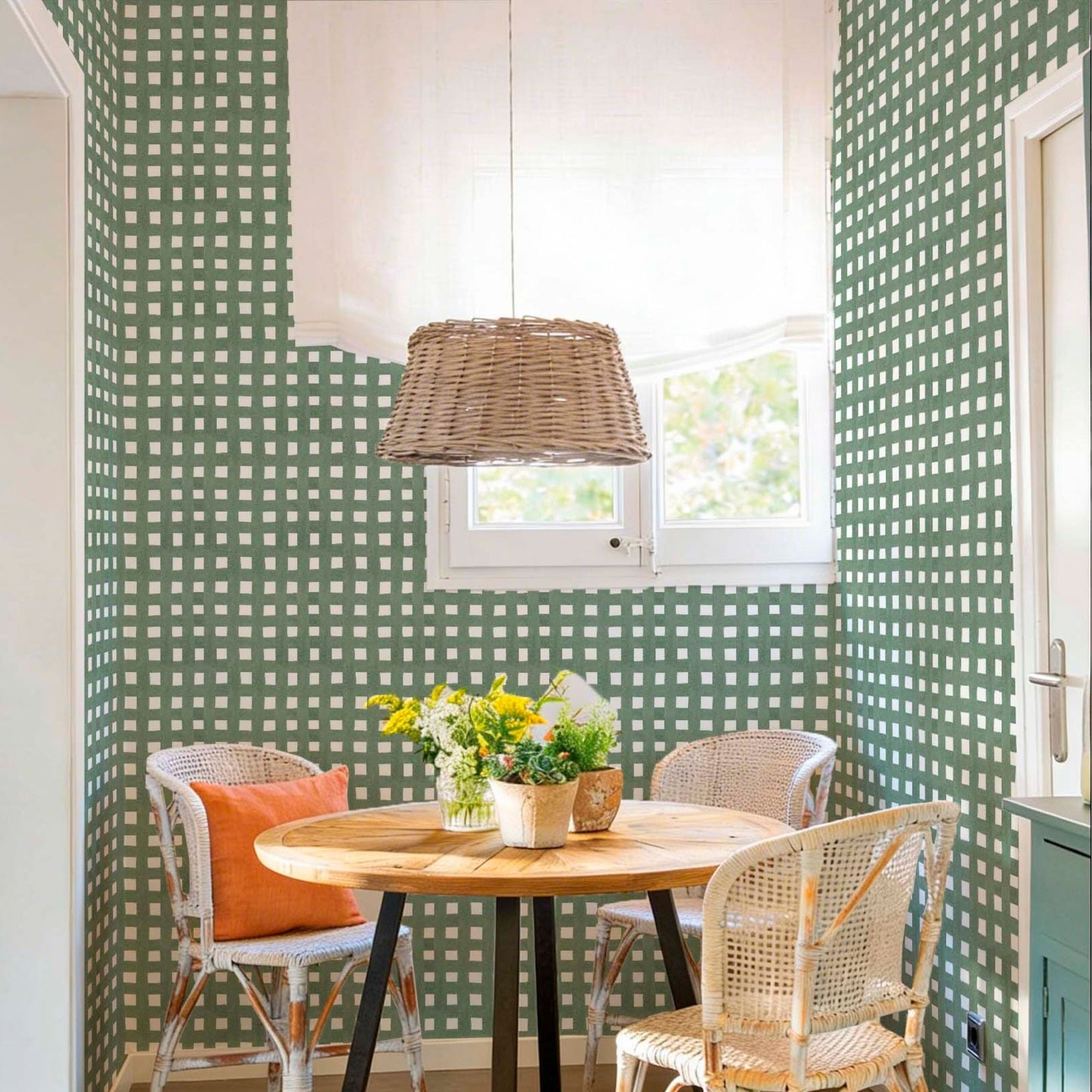 cat-659356549448  Sage wallpaper with a textured check pattern creating a cosy breakfast nook with natural wood furniture