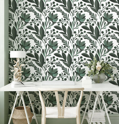 cat-610804433224 Sage green botanical leaf wallpaper mural for a home office room accent wall