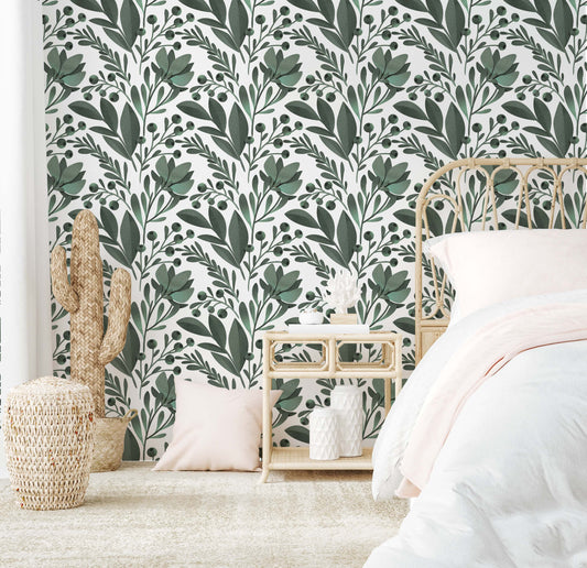 sage green petals wallpaper in master bedroom