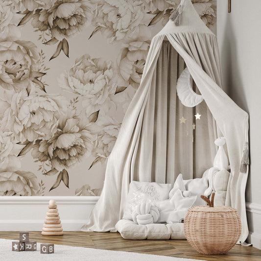 Sepia vintage peony floral wallpaper for nursery bedroom 