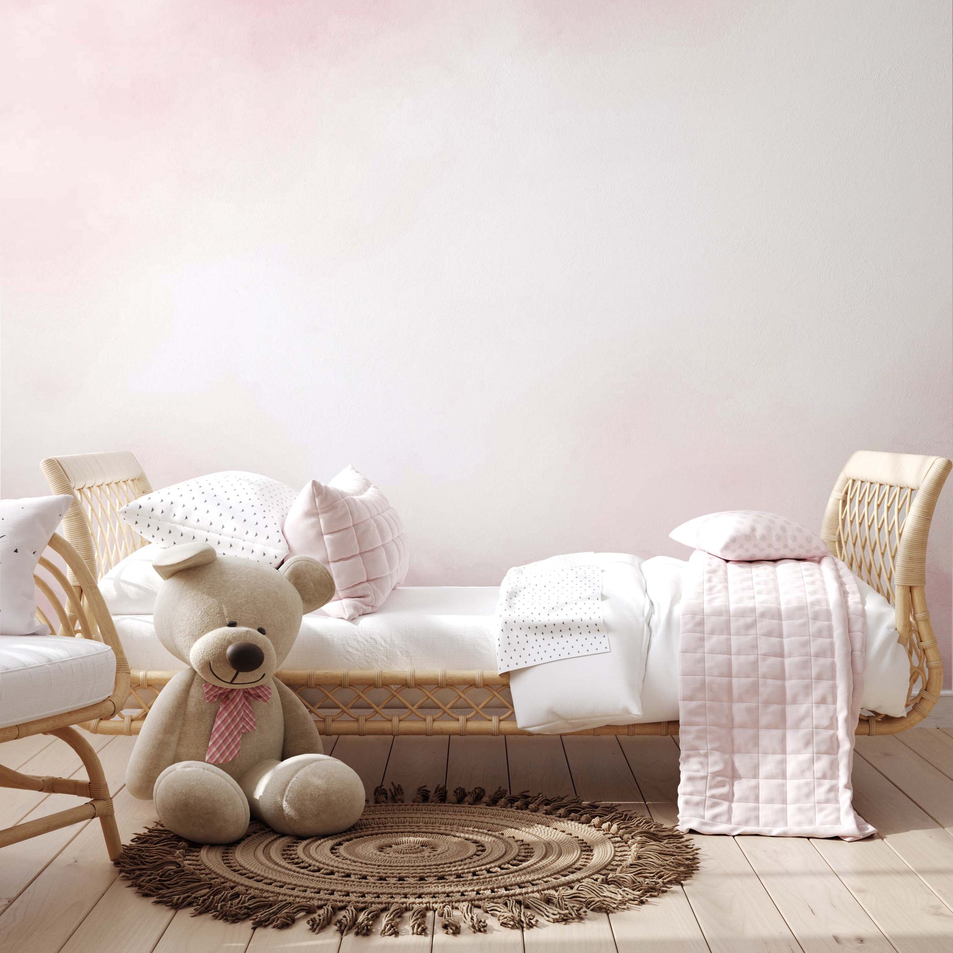 soft pink sky wallpaper mural in a girls bedroom