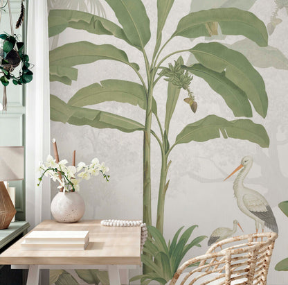 cat-660961526088 Botanical wall mural with banana trees and storks in a bright home office setting, soft earthy tones