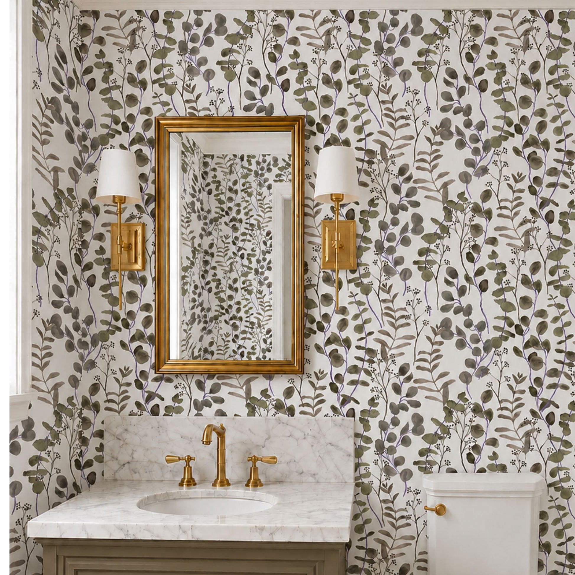 Modern bathroom featuring Taupe Eucalyptus Wallpaper with hand-painted watercolor eucalyptus branches, marble vanity and brass fixtures.