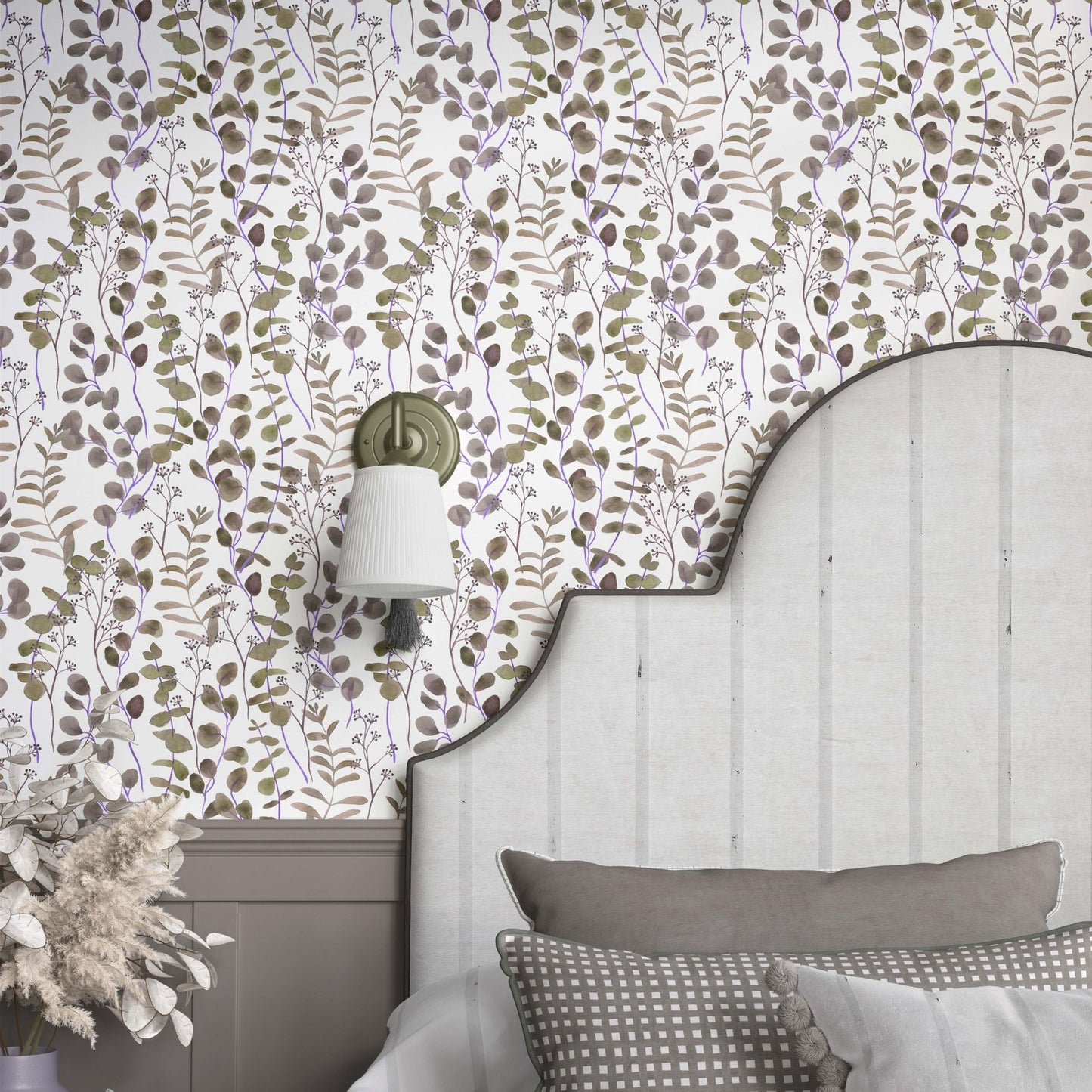 cat-616983200072 Bedroom featuring Taupe Eucalyptus Wallpaper with hand-painted watercolor eucalyptus branches in soft taupe and olive tones.