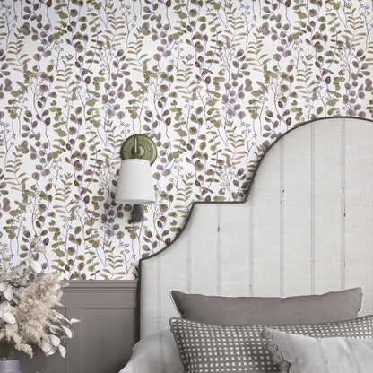 cat-616983200072 Bedroom featuring Taupe Eucalyptus Wallpaper with hand-painted watercolor eucalyptus branches in soft taupe and olive tones.
