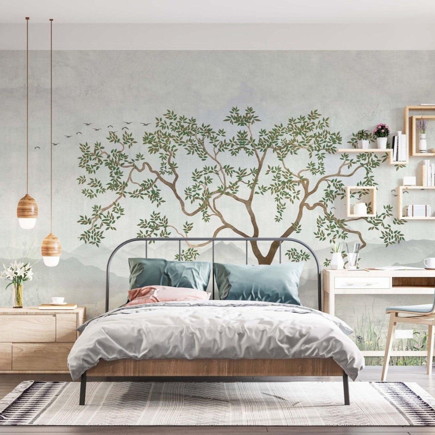 Big tree wall mural in master bedroom