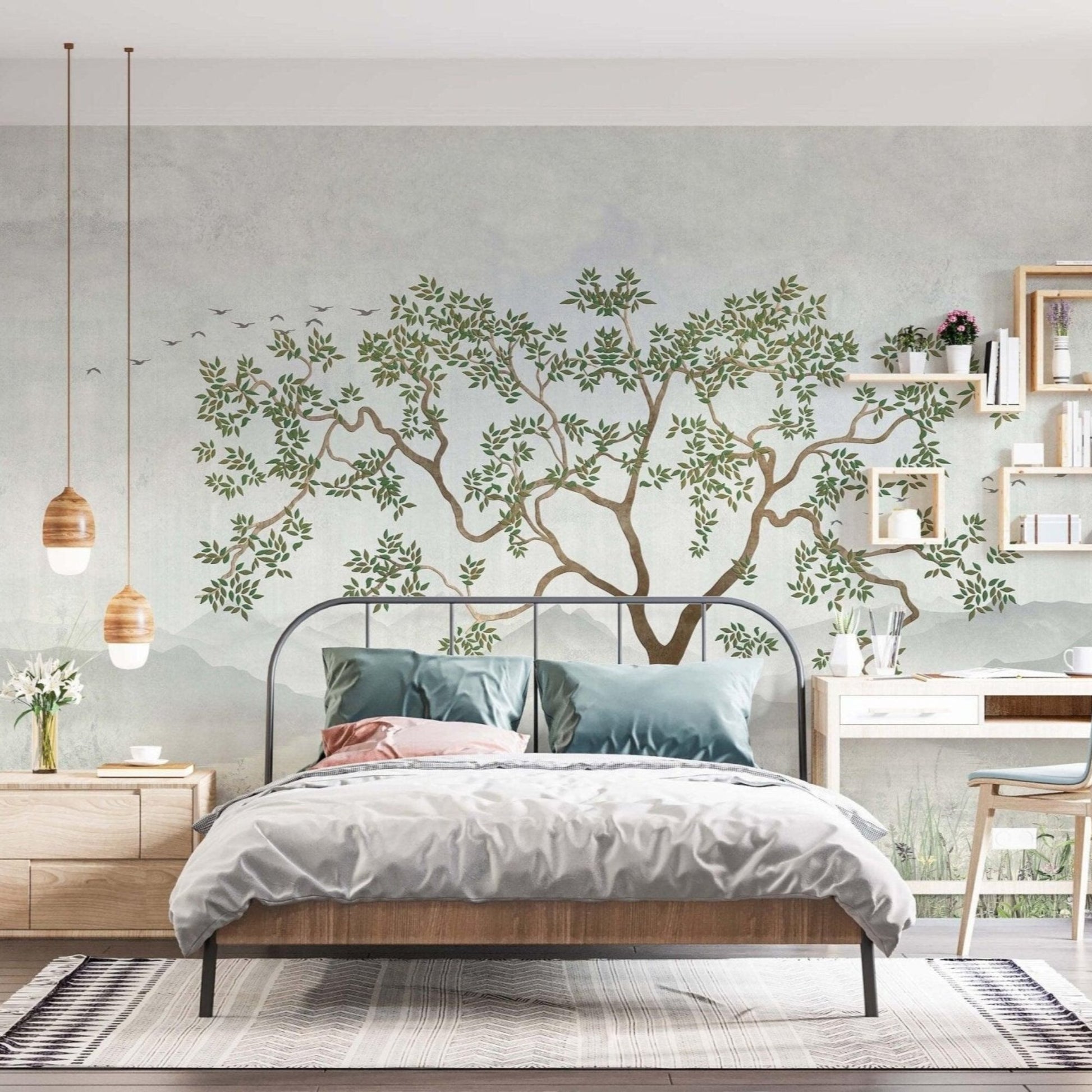 Big tree wall mural in master bedroom