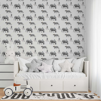 Modern nursery featuring Tropical Animals sketch wallpaper with a grey hand-drawn pattern of elephants and safari animals above a white daybed