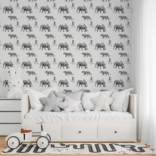 Modern nursery featuring Tropical Animals sketch wallpaper with a grey hand-drawn pattern of elephants and safari animals above a white daybed