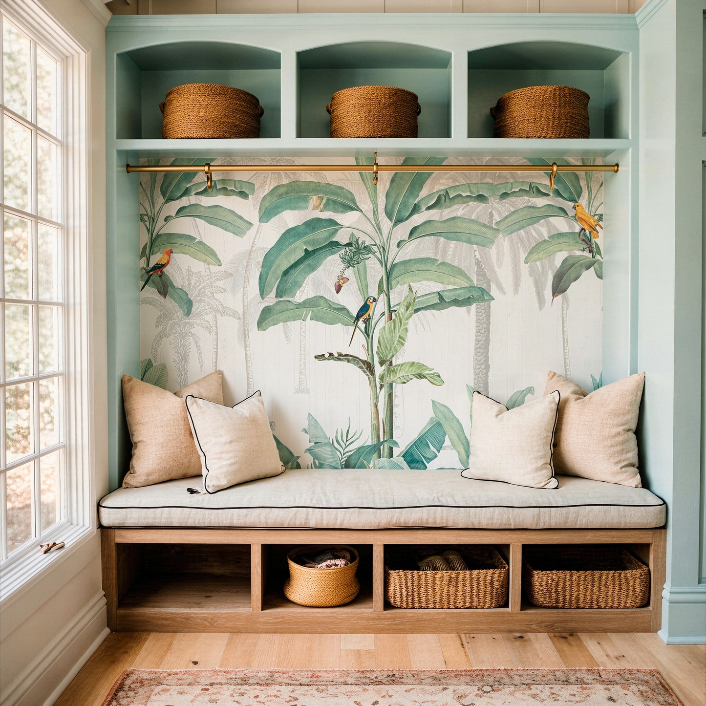 cat-610569683272 A custom mudroom built-in with light green cabinetry, a tropical banana leaf wallpaper mural backdrop, a cushioned bench with pillows, and wicker storage baskets